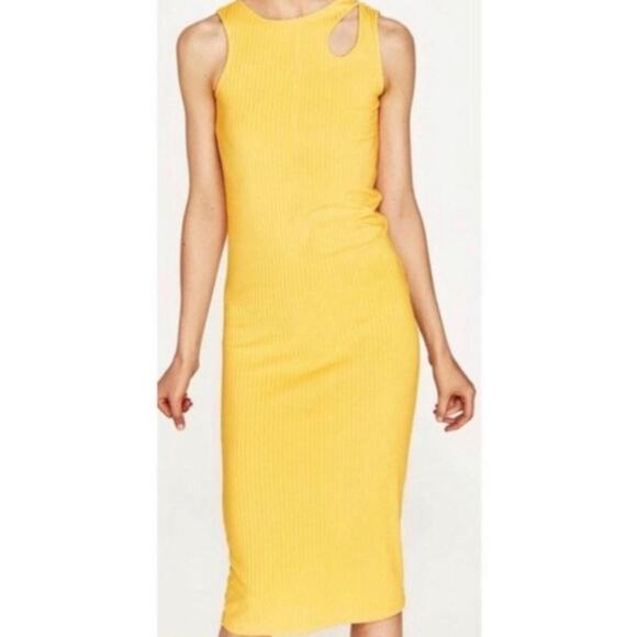 Zara Women’s Ribbed Shoulder Cut-out Yellow Dress Size Small - Picture 1 of 4